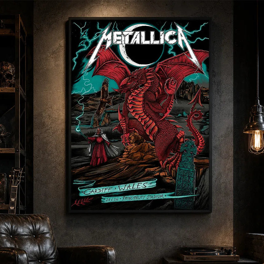 Metallica M72 World Tour June 28 2026 Cardiff Wales Principality Stadium poster canvas featuring Red Dragon Artwork by The Duchess Of Dark with a crimson Welsh dragon, solar eclipse, lightning, Celtic standing stones, mountain landscape, raven, mysterious sorcerer, and fantasy heavy metal artwork